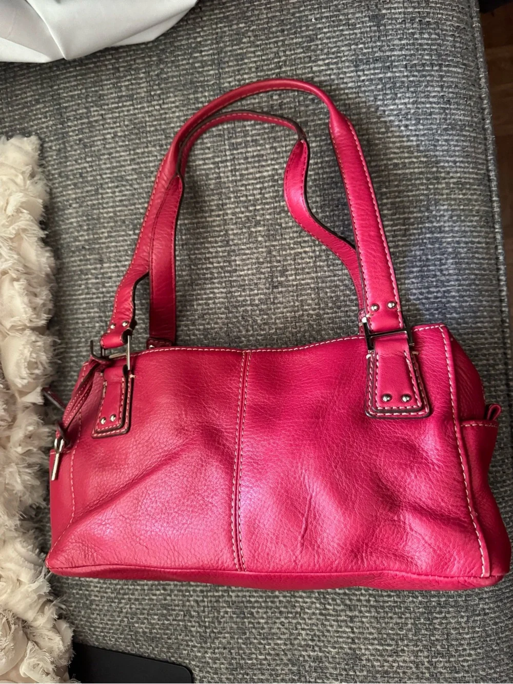 Fossil Red Leather Shoulder Bag / Satchel – Double Handle – Silver Hardware